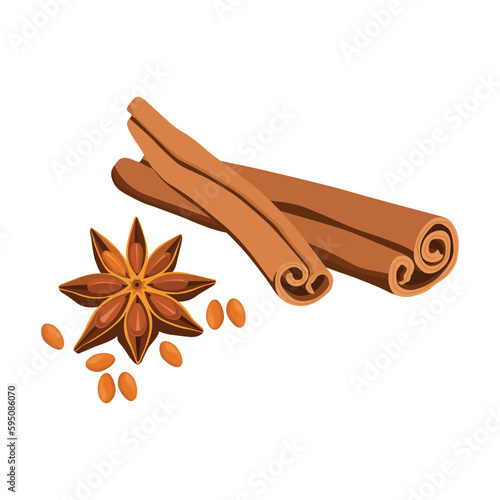 Vector illustration of cinnamon sticks and star anise with seed. Spice ingredients for coongking