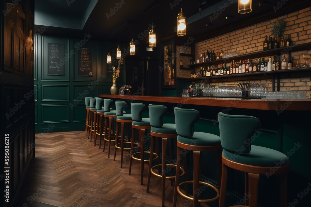 British pub green bar counter with alcohol on shelves with bar stools