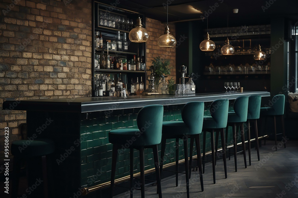 British pub green bar counter with alcohol on shelves with bar stools