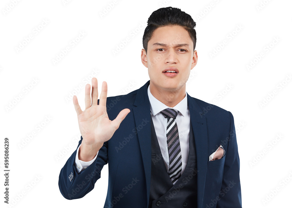 Portrait, palm and control with a business asian man isolated on a transparent background for warning. PNG, compliance and stop gesture with a male employee showing a sign of rejection or failure Portrait, palm and control with a business asian man isolated on a transparent background for warning. PNG, compliance and stop gesture with a male employee showing a sign of rejection or failure