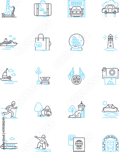 Extensive trip linear icons set. Expedition, Journey, Traverse, Odyssey, Safari, Adventure, Excursion line vector and concept signs. Trek,Exploration,Voyage outline illustrations