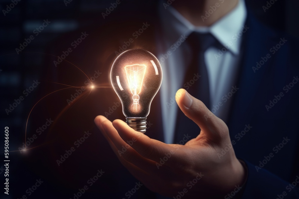 person hand holding bright light bulb turn on, generative ai person hand holding bright light bulb turn on, generative ai