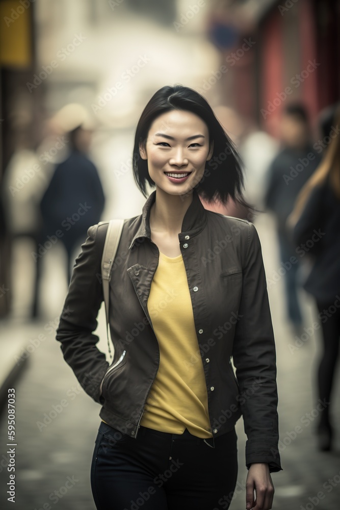 Young Asian woman walking through the streets of China. Ai generated.