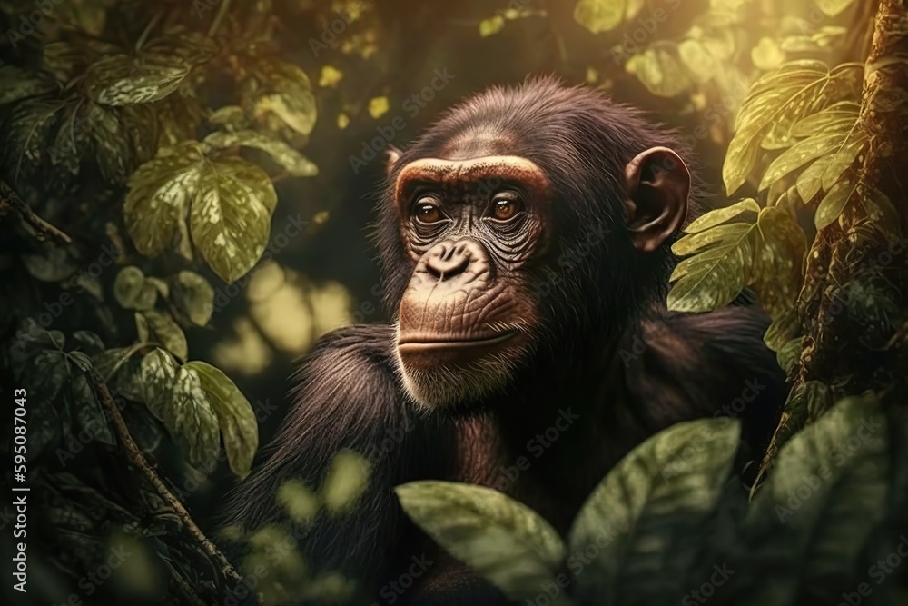 A chimpanzee in the wild looks at the camera through the leaves of a tree. Ai generated. A chimpanzee in the wild looks at the camera through the leaves of a tree. Ai generated.