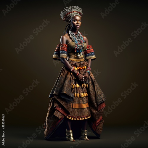 African woman posing with her traditional tribal dress, ancestral decorations. Ai generated.