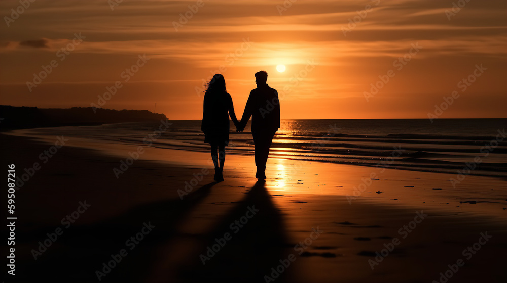 Silhouette of a couple walking hand in hand on a beach or along a sunset-lit path, with their faces not visible. Showcasing the concept of love, romance, and togetherness.