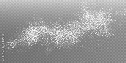 White scattering of small particles of sugar crystals, flying salt, top view of baking flour. White powder, powdered sugar explosion isolated on transparent light background. Vector illustration.
