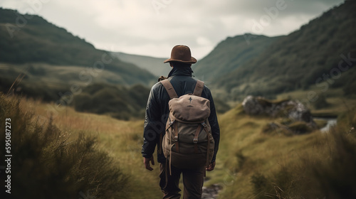 Rear view of a person hiking or trekking in a scenic natural setting, with their face not visible, and focusing on the landscape and surroundings. Showcasing the concept of adventure, exploration, and