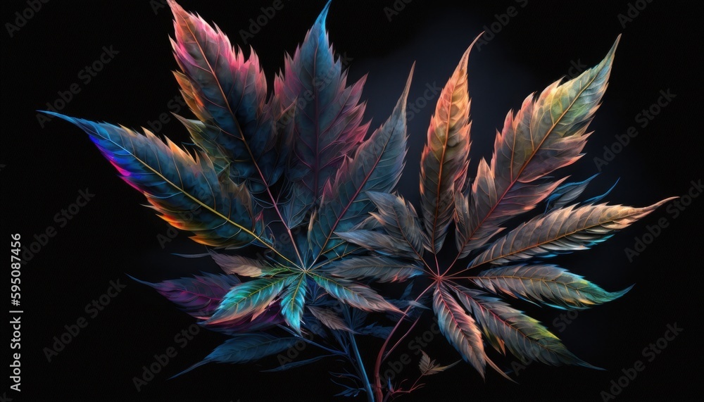 Weed leaves in a colorful abstract style with smoke background concept generative ai