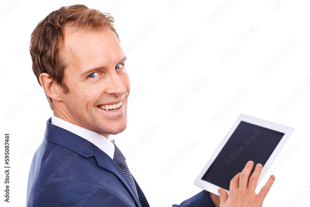 Happy businessman, portrait and digital tablet screen for sales, ecommerce app or salesperson website. Typing, email and car salesman face with deal information on isolated transparent png background Happy businessman, portrait and digital tablet screen for sales, ecommerce app or salesperson website. Typing, email and car salesman face with deal information on isolated transparent png background