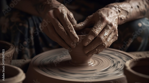 Fényképezés Close-up of a potter's hands shaping clay on a pottery wheel, with their face not visible, and focusing on the spinning wheel, clay, and hand movements