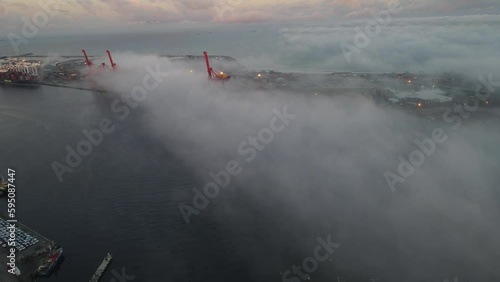 Fremantle port foggy dawn from drone photo
