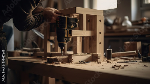 Hands of a person assembling furniture  with the focus on the tools and materials being used  and the person s face out of frame. Depicting the practicality and skill involved in furniture assembly  w