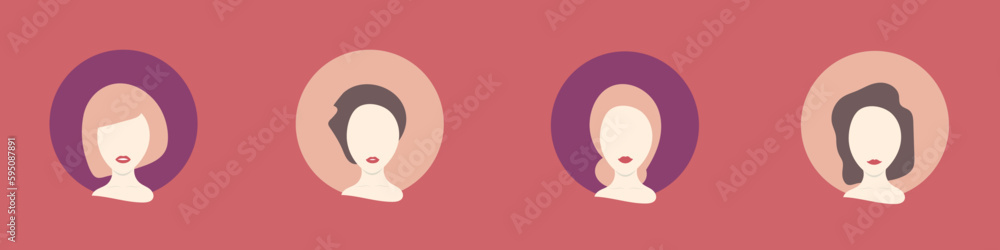 Pale female avatars in circle with different girl hairstyles in pure plump colors