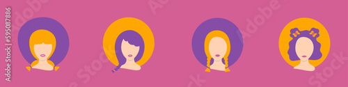 Female avatars in a circle with girls with ponytails hairstyles and hair buns in pink, yellow and purple colors