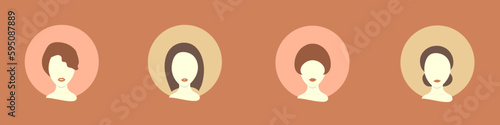 Old-fashioned female avatars with calm and neat girl hairstyles in nude chocolate colors