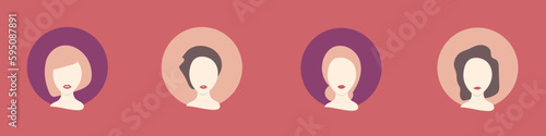 Pale female avatars in circle with different girl hairstyles in pure plump colors
