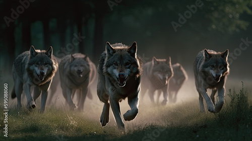 spirit animals wolf pack running in the woods - by generative ai