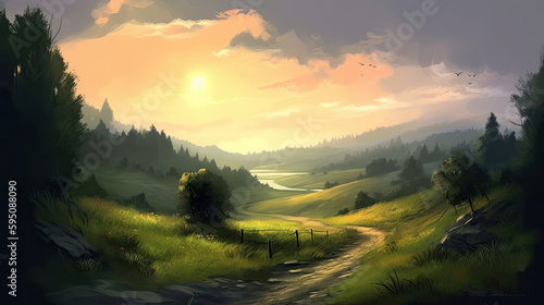 sunrise in the mountains country side valley painting - by generative ai © CEVmemories