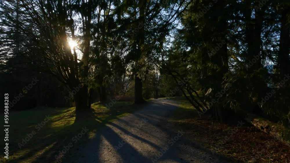 Hiking Trail on top of Burnaby Mountain during Sunny Spring Season Sunset. Vancouver, British Columbia, Canada. Hiking Trail on top of Burnaby Mountain during Sunny Spring Season Sunset. Vancouver, British Columbia, Canada.
