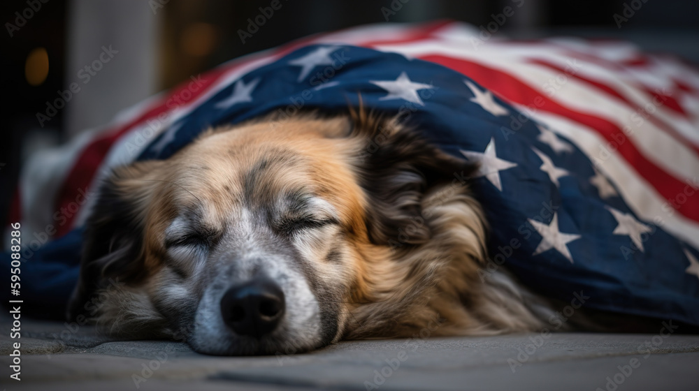 A lost dog lies on the street on an American flag close-up. AI generated