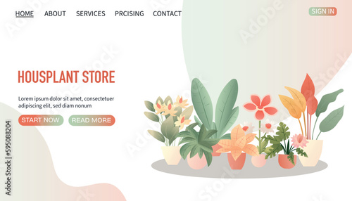 Colorful houseplant in pot seamless web page. Vector endless background with cute plant in flowerpot. Hand drawn flower in pot backdrop.