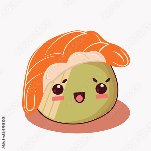 Cute sushi icon in kawaii style with smiling face and pink cheeks. Japanese traditional cuisine dishes. Temaki, tempura, nigiri, tamago, uramaki, futomaki.