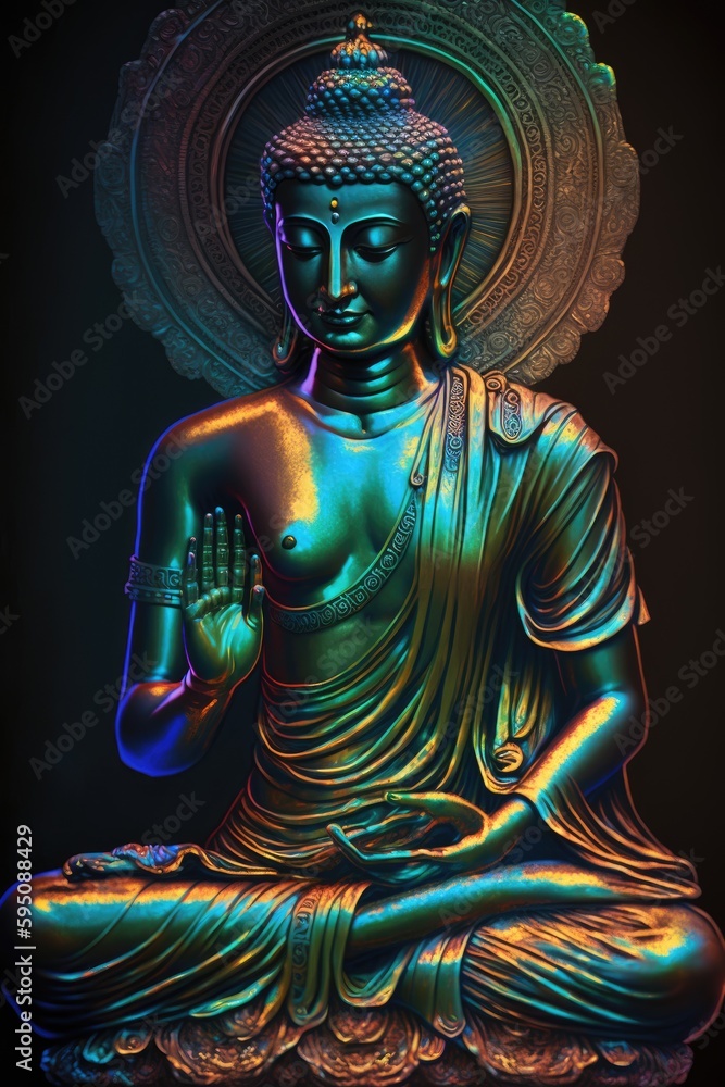 Iridescent buddha statue created using generative Ai tools