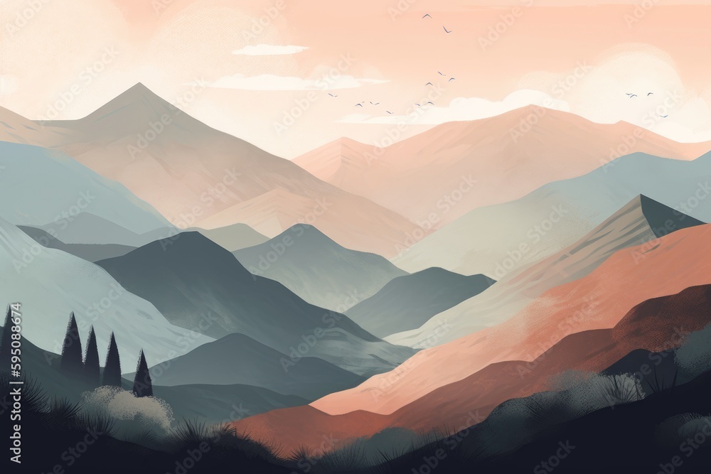 A serene mountain and hills landscape depicted in a minimalist illustration. Soft and muted colors. Generative AI