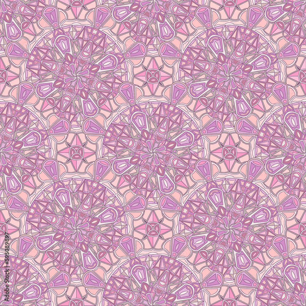 seamless pattern design with a stacked mandala in purple and pink colors