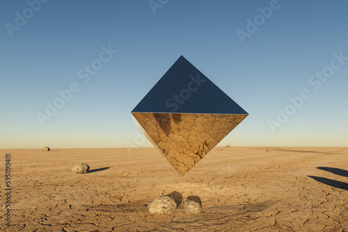 Foto single metal prism pyramid cube hovering in the air in large empty desert enviro