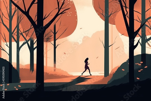 Landscape of running woman and tree depicted in a minimalist illustration. Soft and muted colors. Generative AI