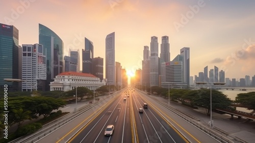 シンガポールのランドマークが並ぶ道、シンガポールの繁華街へ向かう道、夕暮れ時のシンガポールの街並みのスカイラインを走る車GenerativeAI © enopi