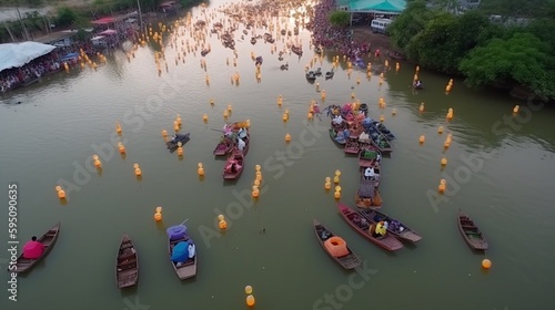 タイ・アユタヤのラッド・チャドで行われた仏教の四旬節、タイの水上祭りを空撮したものですGenerativeAI