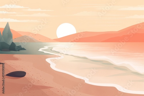 A serene seascape depicted in a minimalist illustration. Soft and muted colors. Generative AI