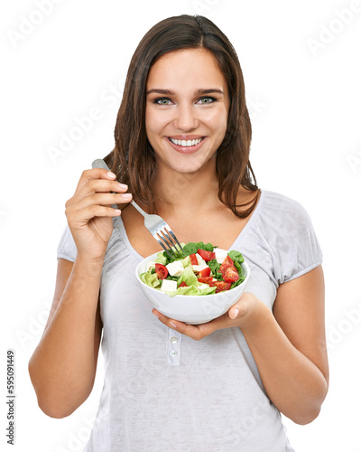 Food, vegetables and portrait of woman with salad on isolated, png and transparent background. Vegan, healthy eating and face of happy girl with vegetable lunch for balance diet, detox and wellness photo