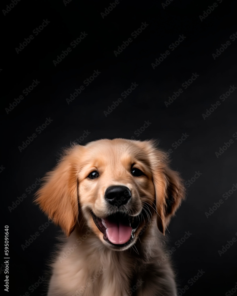 cute little golden retriever dog puppy isolated on gray background with copyspace area