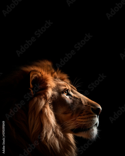 head profile closeup of lion isolated on black background with copyspace area