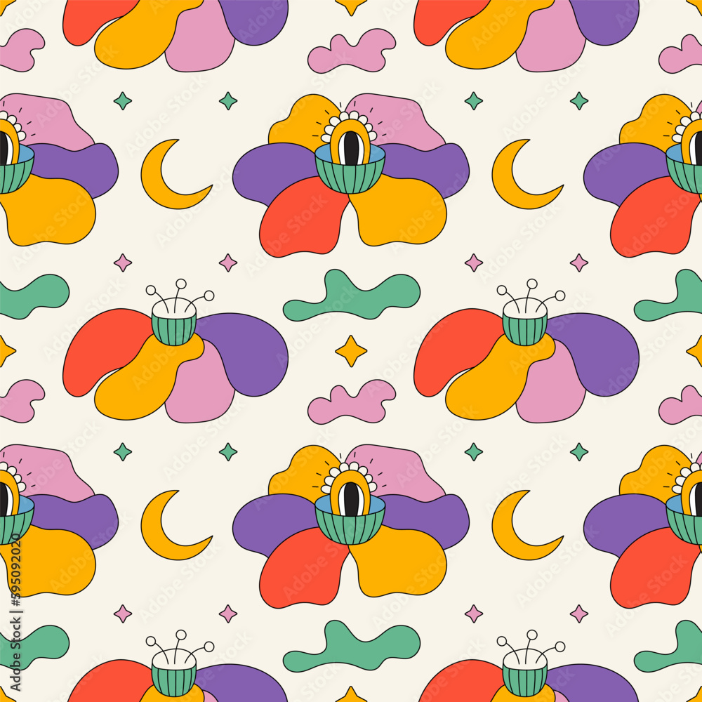 Trendy colorful retro seamless pattern with fantasy flower with eye, crescent moon, clouds, stars. Abstract groovy vector illustration repeatable background wallpaper