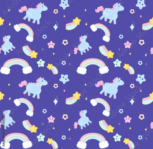 Cute cheerful kawaii cartoon background with emotional adorable moon, stars, rainbows, comets, and cute horse, pony, fabulous baby wallpaper, wrapper