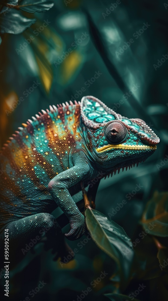 Fototapeta premium Colorful chameleon blending into its surroundings created using generative AI tools