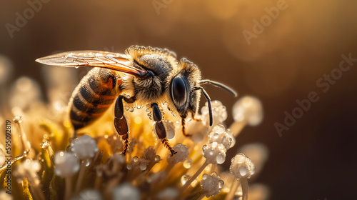 A bee on yellow flower collects pollen. Generative AI illustration © colnihko