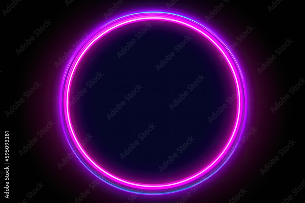 Obraz premium Abstract neon background with fluorescent ring, blank round frame. Laser line glowing with pink blue light. Generative ai.