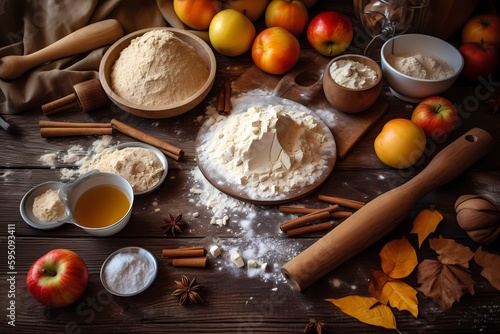 Flat lay of baking ingredients for a homemade pie: Flour, sugar, butter, eggs, and other ingredients on a wooden surface. Generative ai