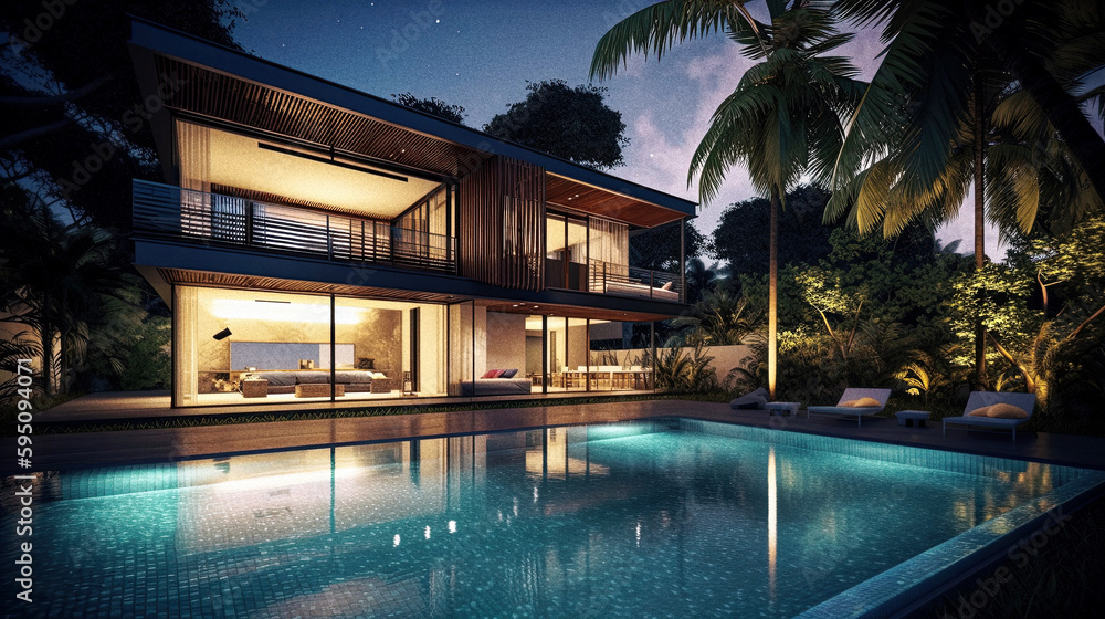 A luxurious modern house with pool - generative AI