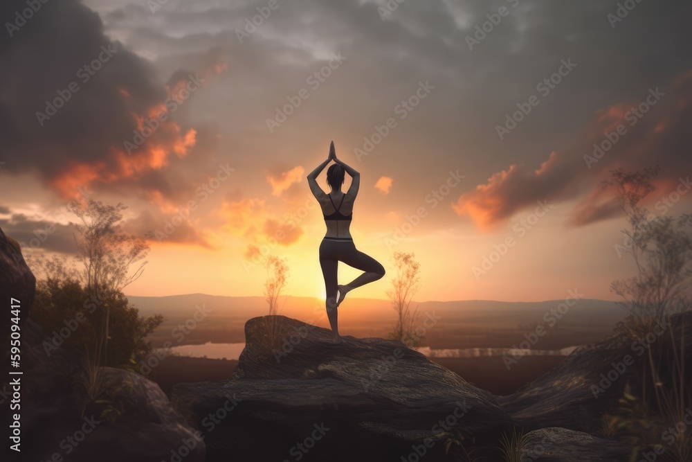 Female in yoga pose against a sunset landscape