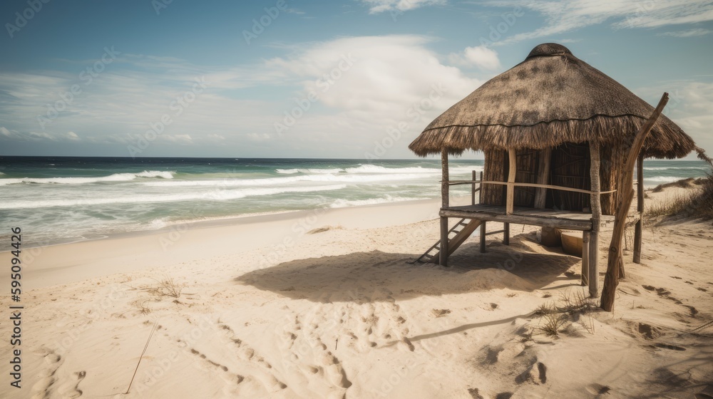 A beach scene with a hut on the beach