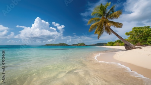 A beach with a palm tree and a blue sky