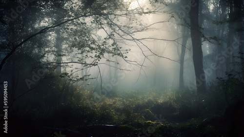 Atmospheric image of a fog-shrouded forest, still image, with the silhouettes of trees emerging from the mist, and the soft, diffused light creating a sense of mystery and enchantment
