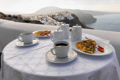 Breakfast on a table in Santorini